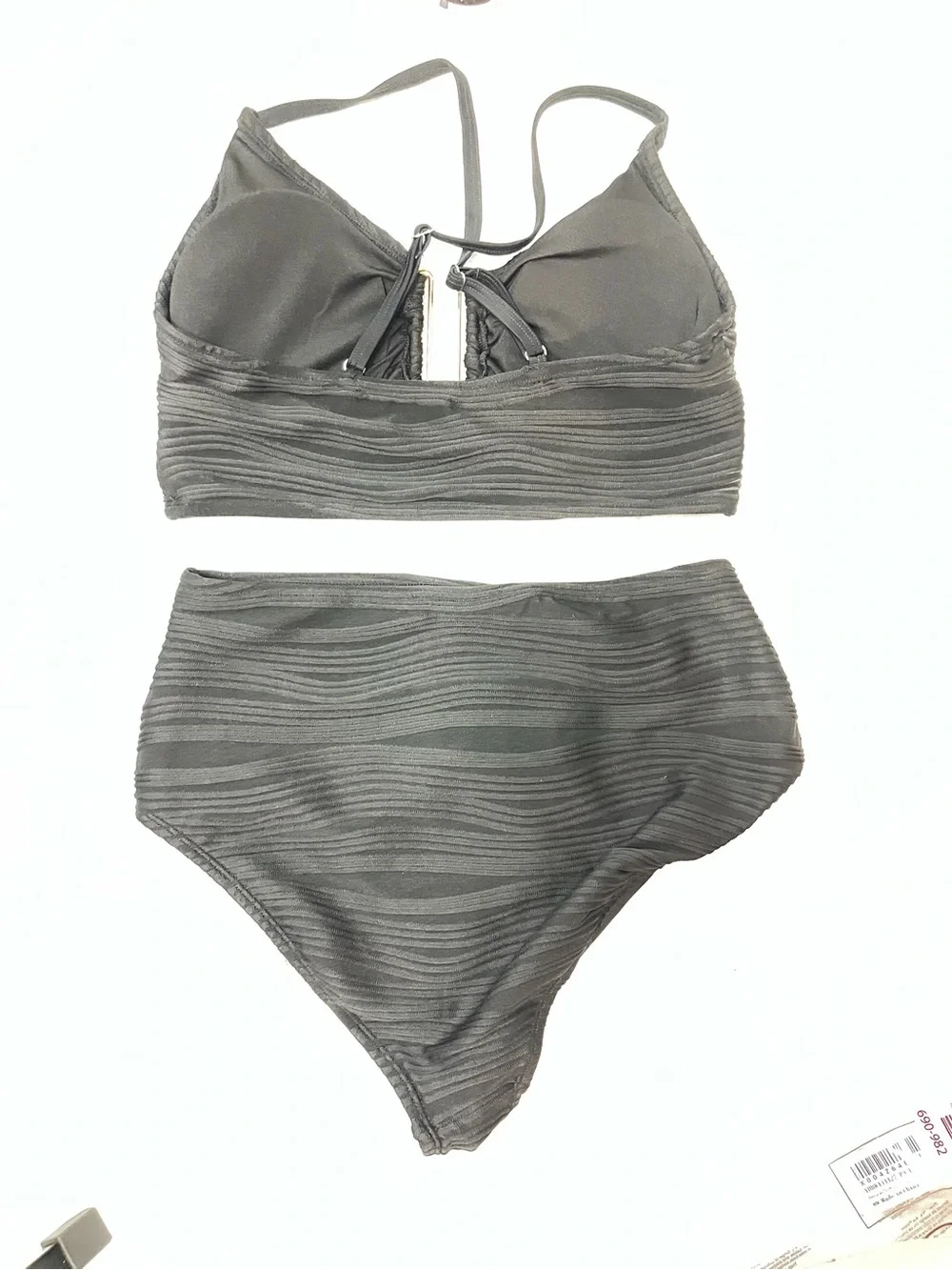 Black Textured High-Waist Bikini Set with Gold Accent NWOT